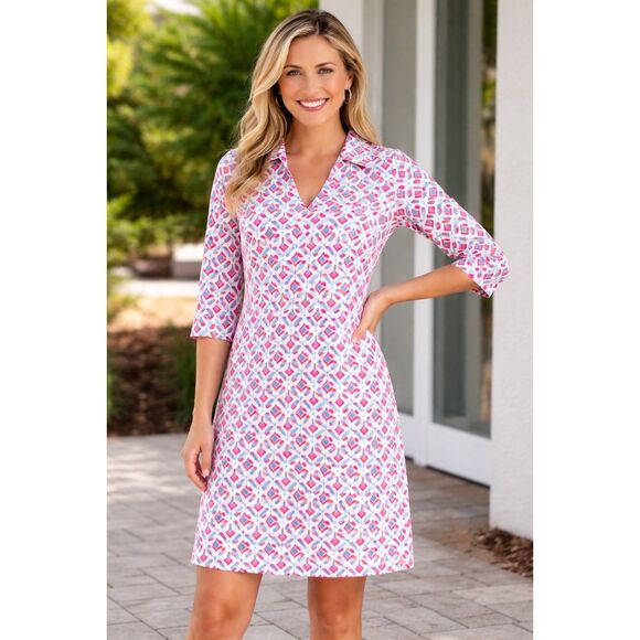 Katherine Way Pink  Blue & White Print 3/4 Sleeve Dress Size Small Made in USA